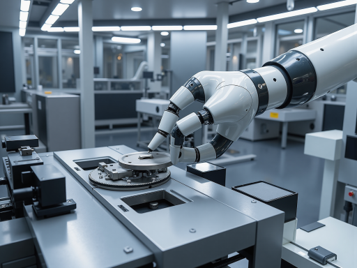 高精度机器视觉检测设备正在运行，工业机器人手臂配合视觉系统进行精密检测，现代化工厂车间背景